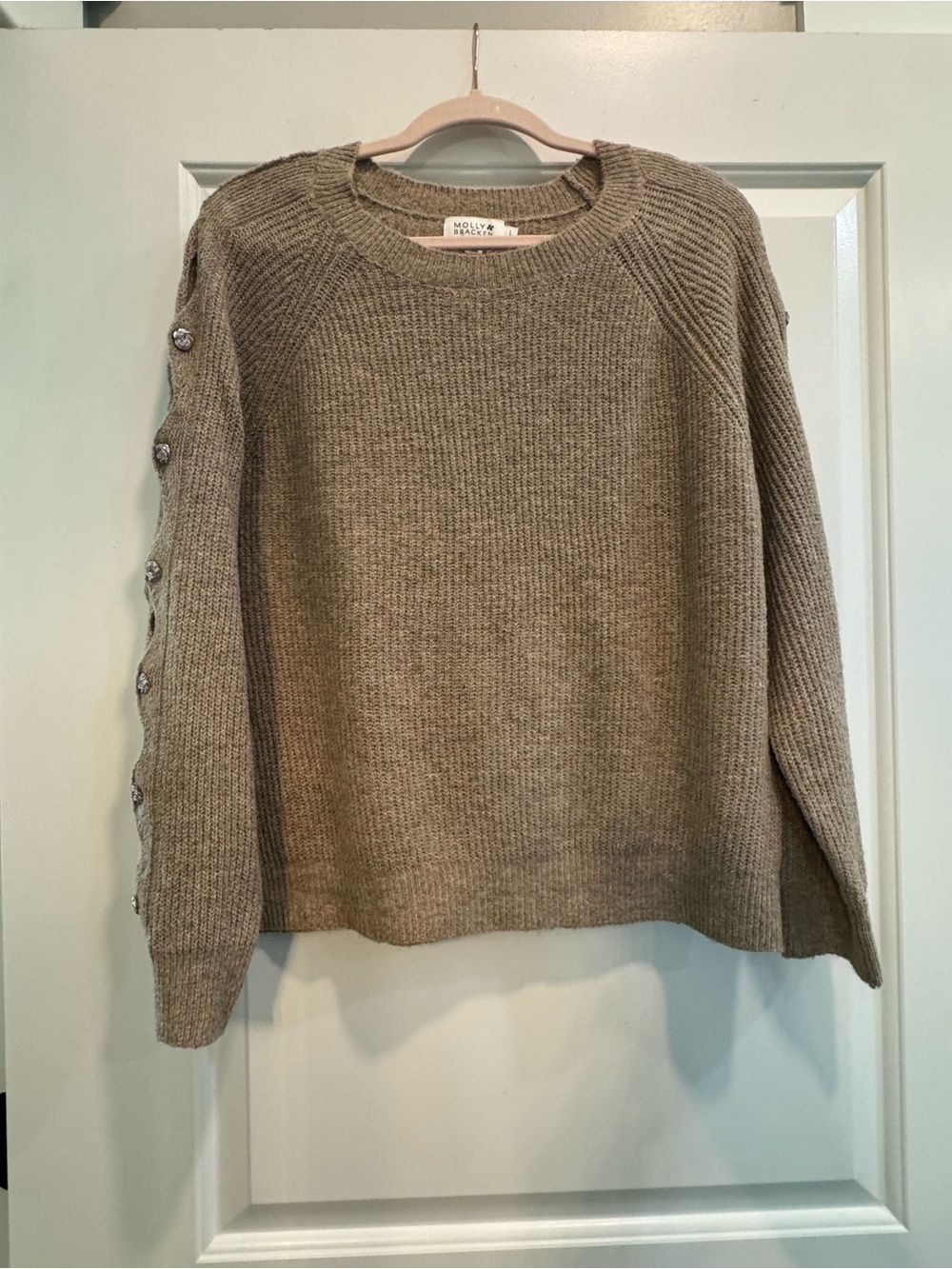 Molly Bracken Taupe Button-Accent Crewneck Sweater